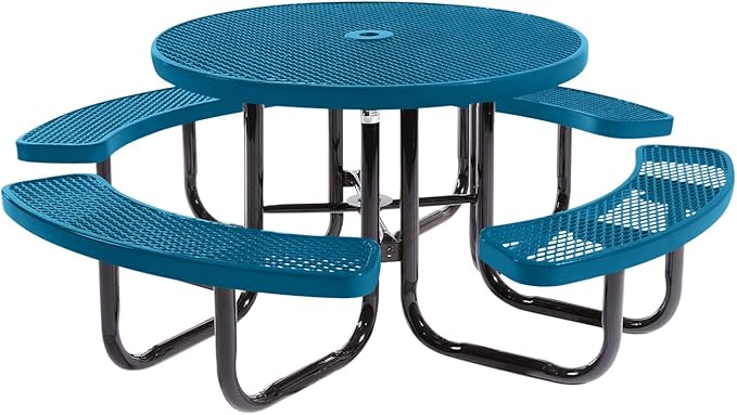 COATEDOUTDOORFURNITURE Heavy-Duty Portable Outdoor Picnic Table with Umbrella Hole, Expanded Metal Commercial-Grade Patio Dining Furniture Made in America (46" Round Top, Light Blue)