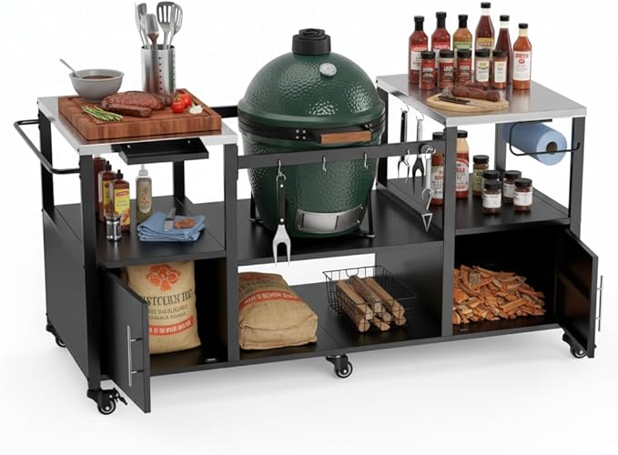 Heavy-Duty Outdoor Grill Cart with Stainless Steel Top, Rolling BBQ Prep Station Table for Large Ceramic Grills & Smokers, 67-Inch Metal Grill Stand with 2 Storage Cabinets, 6 Wheels, Black