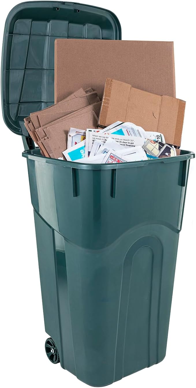 ECOSolution 32 Gallon Wheeled Outdoor Garbage Can with Attached Snap Lock Lid and Heavy-Duty Handles, ECO Green, Heavy-Duty Construction, Perfect Back Yard, Deck, or Garage Trash Can, Pack of 2
