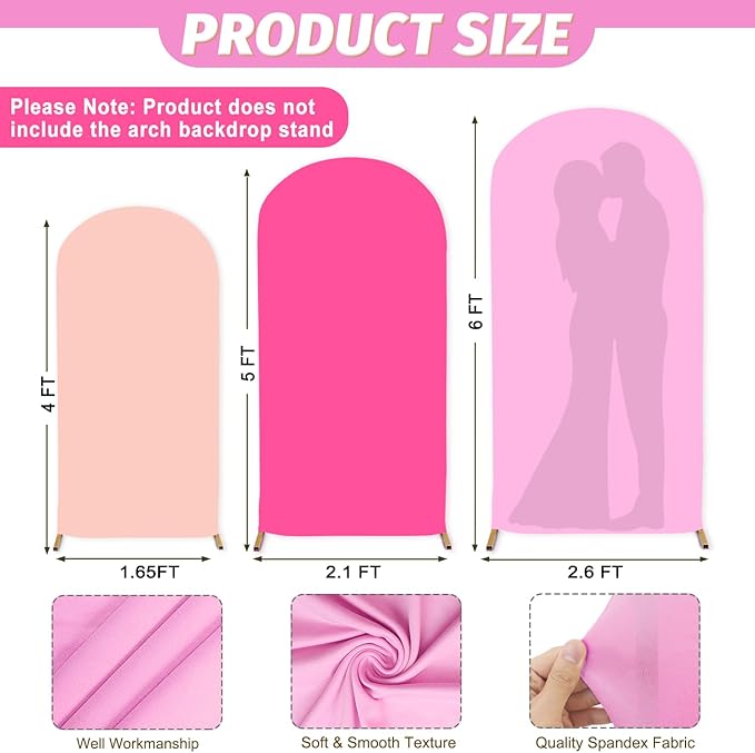 MODFUNS Colorful Arch Backdrop Cover Pink Fuchsia Rose Spandex Arch Cover Set of 3 4&5&6ft Fitted Backdrop Covers Wedding Arch Stand Covers for Banquet Reception Bridal Shower Party Decor