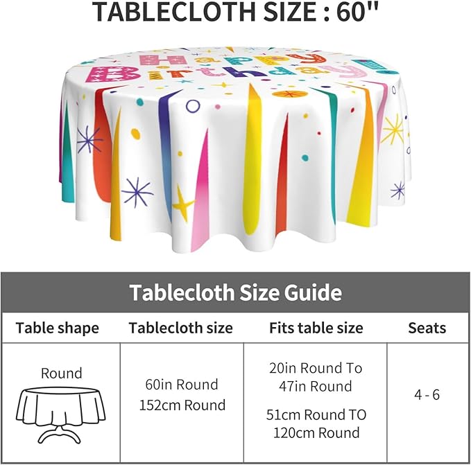 Happy Birthday Round Tablecloth Happy Birthday Tablecloth 60 Inch Waterproof Rustic Table Cloth Fabric Farmhouse Stripe Decorative for Picnic Party Holiday Home Indoor Outdoor
