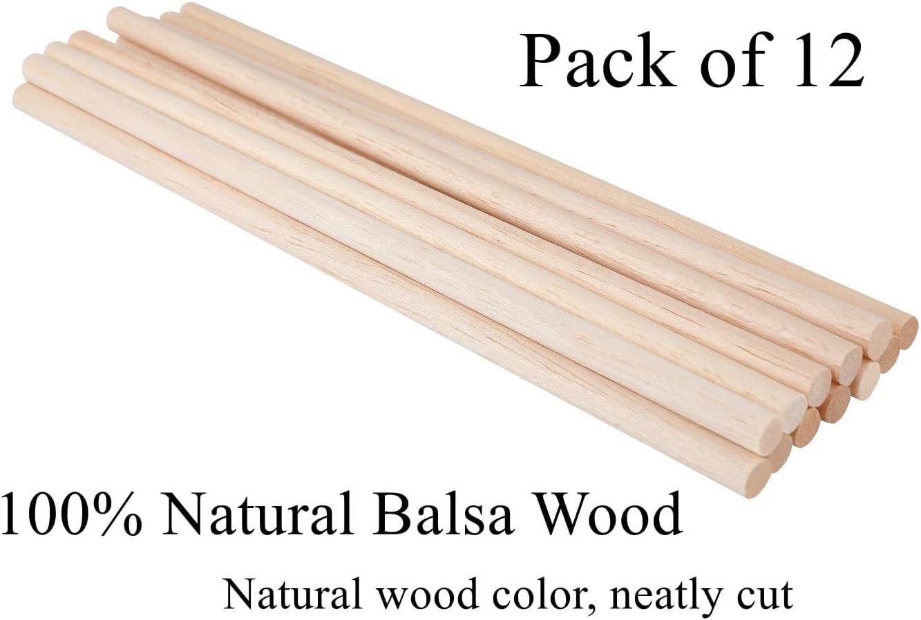 1/2 x 12 Inch Round Wood Dowel Rods Wood Sticks Wooden Dowel Rods Unfinished Wood Balsa Wood Sticks for Crafts and DIY Projects, 12 PCS
