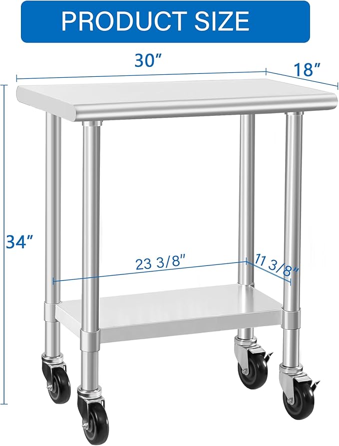 HARDURA Stainless Steel Commercial Table Prep & Work Table with Casters Heavy Duty Metal Table with Wheels NSF 430 18×30 Inches