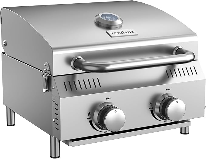 Veralune Tabletop Gas Grill, 2 Burners Portable Propane Grill, Camping Cooking Grill with Travel Lock for Camping, RV, Backyard BBQ