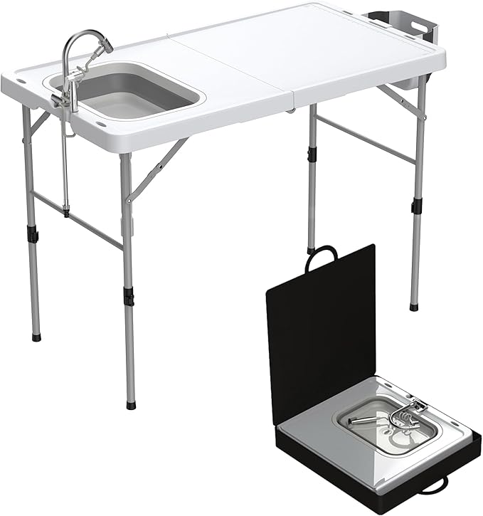 Allpop Fold-in-Half Fish Cleaning Table with Sink & Carrying Bag, 50'' Portable Folding Camping Fish Station with Drainage Hose, Faucet, Sprayer, Storage Box & Grooves for Picnic, White