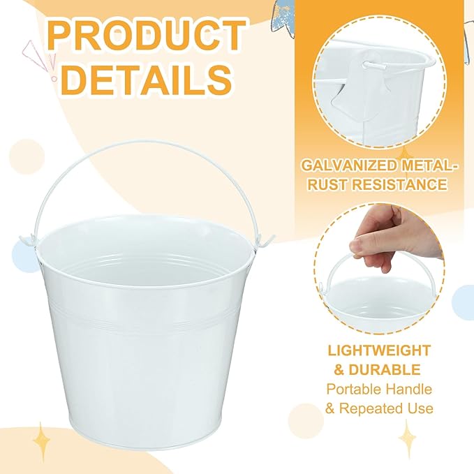 Small Metal Buckets, Mini Buckets with Handle Galvanized Colored Tin Pail Containers Basket Party Supplies - Fit for (Halloween - Classroom Crafts) 7" & 10Pcs & White