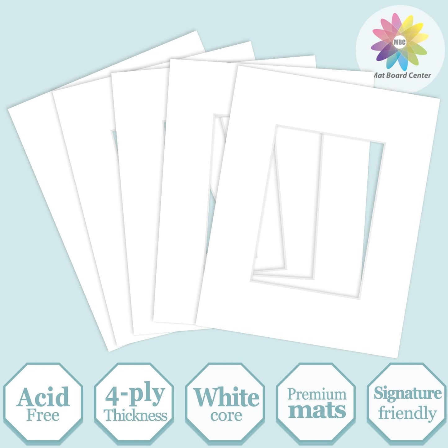 MBC Mat Board Center, 5 Pack 8.5X11 for 5X7 White Picture Mats Frame Mattes, Bevel Cut, Acid Free, 4-Ply Thickness