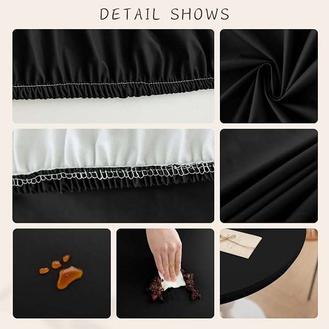 Round Fitted PU Tablecloth with High Elastic Edge 39 Inch Dia Waterproof Oil Proof Table Cloth Anti-Scald Stain-Resistant Wipeable Table Cover for Indoor Outdoor Picnic (Black,39" Dia)