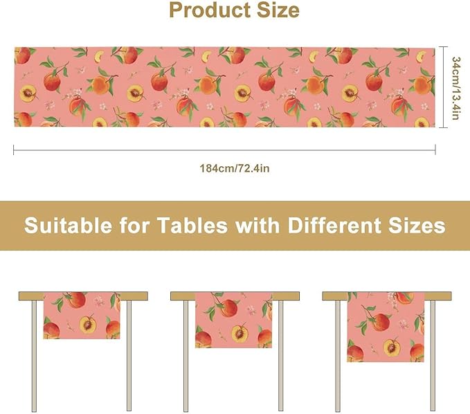 Pink Cute Peach Table Runner, Colorful Summer Fruit Floral Table Runner for Kitchen Dining Party Holiday Home 13x70in