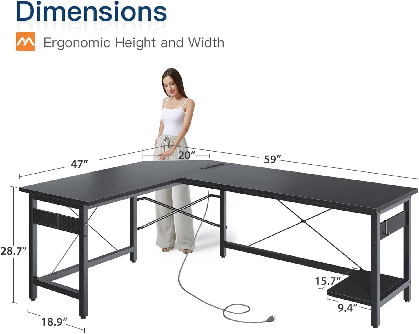 Coleshome 59" L Shaped Gaming Desk with Outlet, L Shaped Desk with CPU Stand, Corner Computer Desk, Home Office Desk, Writing Desk, Black