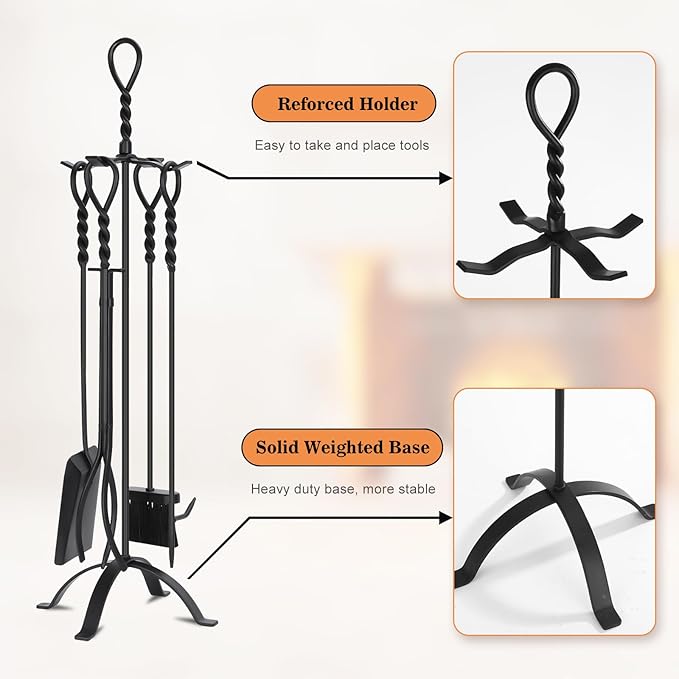 Gtongoko 35 Inch Fireplace Tools Set 5 Pcs Black Wrought Solid Iron Large Fire Tool Set for Outdoor/Indoor Include Chimney Poker, Rustic Tongs, Shovel, Antique Brush and Stand Accessories Set