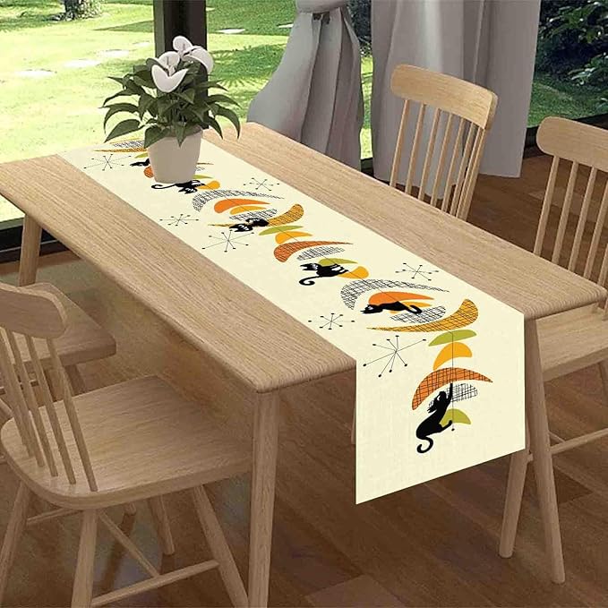 Mid Century Table Runner, Retro 1950s Black Cat Atomic Modern Abstract Coffee Table Center Decor for Home Kitchen Dining Patio Holiday Party Indoor Outdoor Table Decorations, 13"x72" Inch