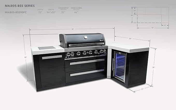 Mont Alpi MAi805-BSS90FC Black Stainless Steel 90 Degree Corner Gas Outdoor Kitchen Bar Island Grill w/Wine Cooler Beverage Center Refrigerator + Infrared Side & Rear Burners + Granite Countertop