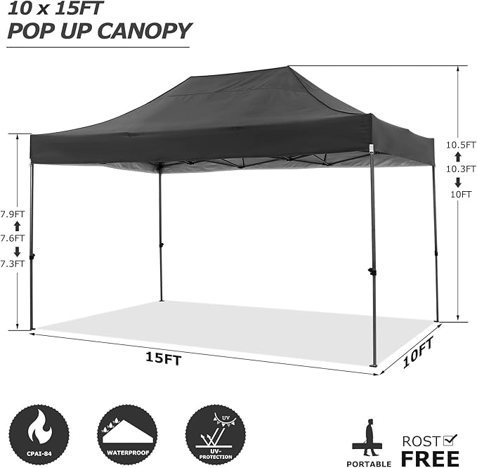 COBIZI 10x15 Pop up Canopy Tent 10x15 Canopy with 4 Sidewalls Waterproof Heavy Duty Commercial Tent for Parties Outdoor Garden Gazebo, Carry Bag(10x15ft, Black)
