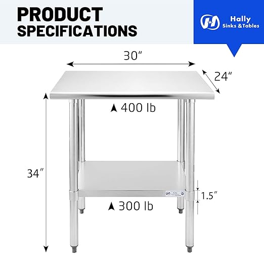 Hally Stainless Steel Table for Prep & Work 24 x 30 Inches, NSF Commercial Heavy Duty Table with Undershelf and Galvanized Legs for Restaurant, Home and Hotel