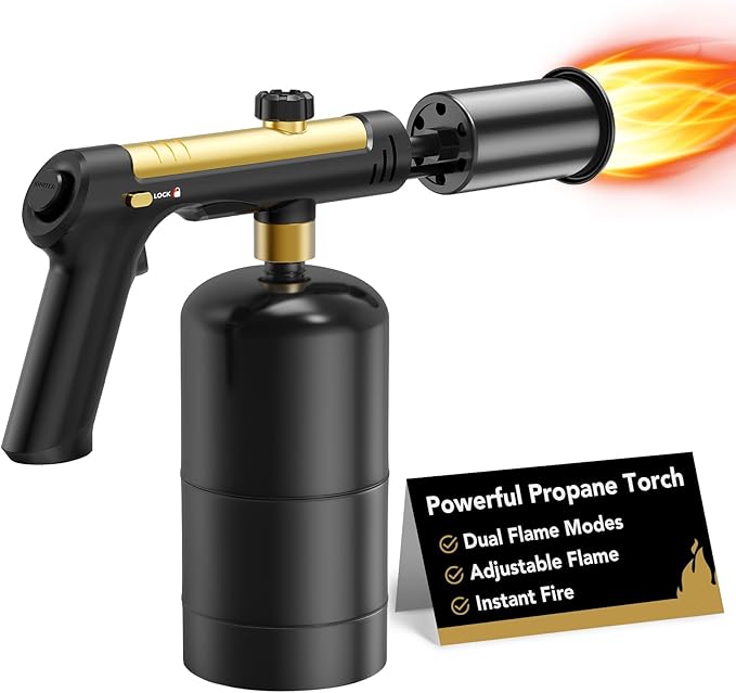 Powerful Cooking Propane Torch, Sous Vide, Adjustable Kitchen Torch with One-Touch Max Fire, Culinary Torch for Searing Steak, BBQ and Campfire Starter, Gold & Black(Tank Not Included)