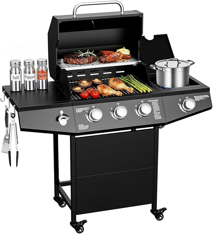 40,000 BTU Propane Gas Grill, 3 Burner Gas Grill with Side Burner, Outdoor BBQ Grill with Stainless Steel Grates for Patio, Camping, Outdoor Cooking