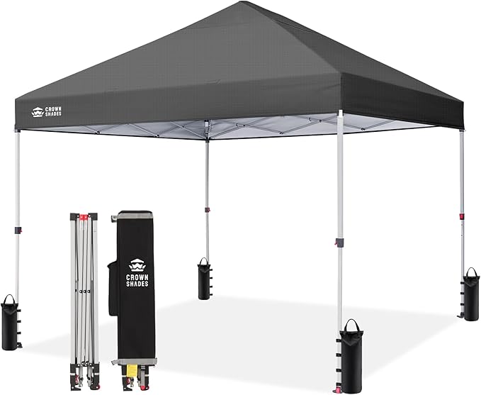CROWN SHADES 8x8 Pop Up Canopy - Beach Tent with One Push Setup - Easy Outdoor Sun Shade for Events, Parties, Camping - Gazebo with STO-N-Go Cover Bag, Silver Coated Top,Grid Grey