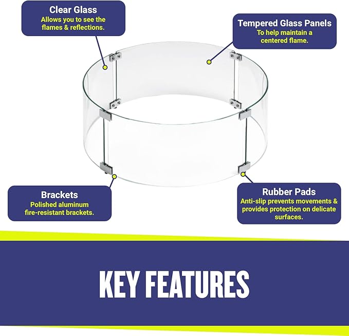 American Fire Products | Tempered Glass Flame Guard for 19” Round Drop-in Fire Pit Pans | Outdoor Wind Guard with Aluminum Fire-Resistant Brackets & Non-Slip Feet | 23-inch x 6-inch