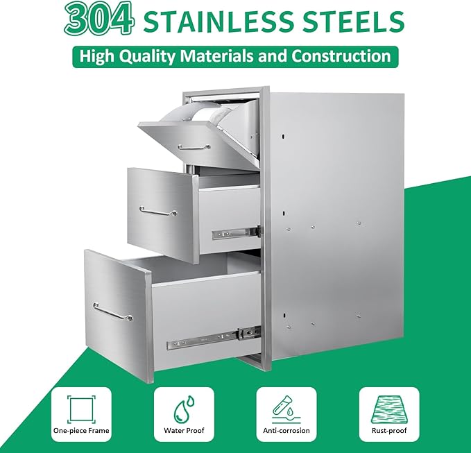 Outdoor Kitchen Drawers 17" W x 30" H x 20" D Stainless Steel Paper Towel Drawers with Ergonomic Handle for BBQ Island, Patio Grill Station & Outdoor Kitchen Cabinets