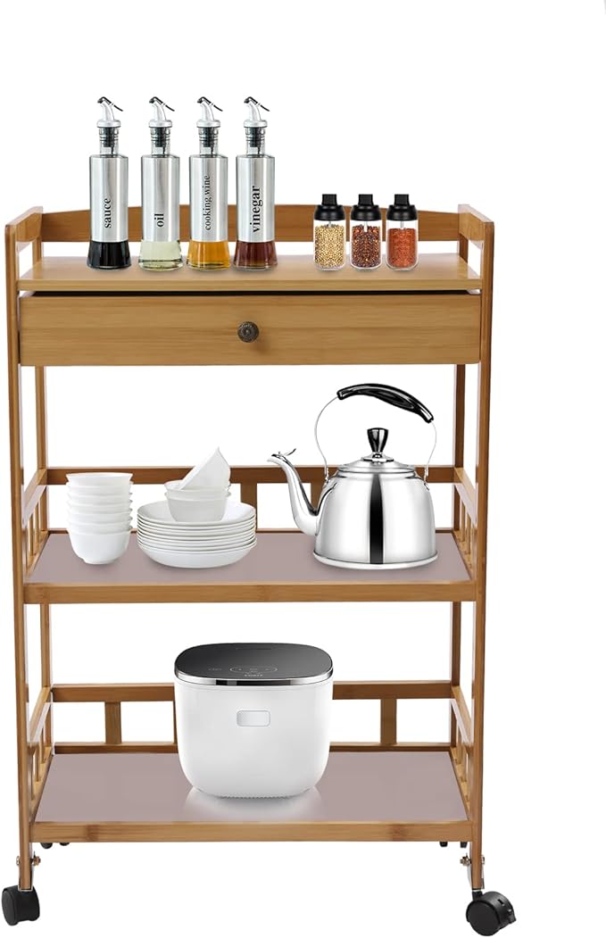 Bamboo Serving Cart with Drawer and Fence Rail, Kitchen Storage Organizer Trolley with Silent Wheels for Home Dining Room and Outdoor Use Natural Finish 53x30x80 cm Ideal for Families and Entertainers