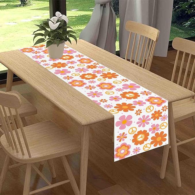 Groovy Floral Table Runner, Retro 70s Hippie Floral Funky Pink Cute Flower Trippy Coffee Table Center Decor for Home Kitchen Dining Patio Holiday Party Indoor Outdoor Table Decorations, 13"x36" Inch