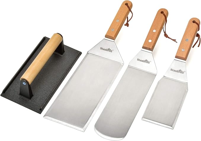 Stanbroil Large Metal Griddle Spatula Set with Long Flat Spatulas and Cast Iron Grill Press for Flat Tops, Griddles, Grills, Ovens and Stoves,Set of 4