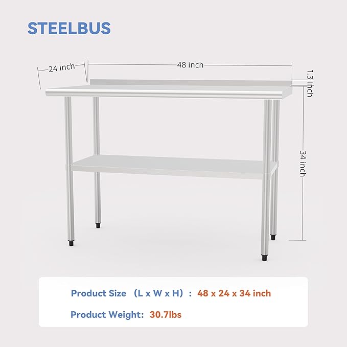Stainless Steel Table (Backboard Table+Adjustable Legs, 24 x 48 Inch)