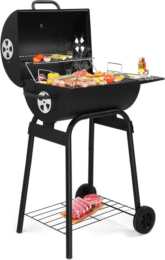 Outvita Barrel Charcoal Grill with Warming Rack, Outdoor BBQ Grill with Side Table with Nearly 268 Sq.In. Cooking Grid Area for Backyard Patio Picnic Parties Camping, Black