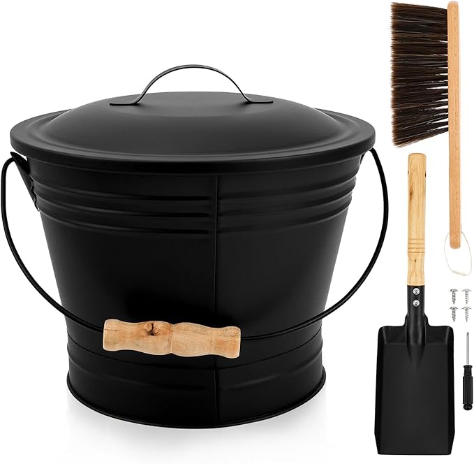 1.5 Gallon Ash Bucket with Lid and Shovel Broom Metal, Fireplace Ash Bucket, Complete Fireplace Tools Set for Fire Pit Grill Black(3 Pcs Set)