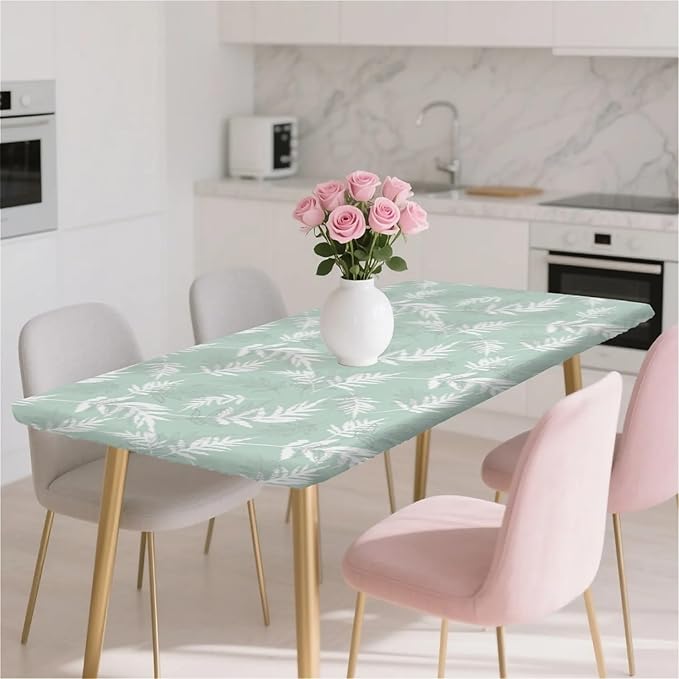 Rectangle Table Cloth Cover Waterproof Elastic Fitted Polyester Fitted Tablecloths for 8 Foot Tables for Indoor,Picnic, Camping, Outdoor （96" x 30"，Palm Leaf）