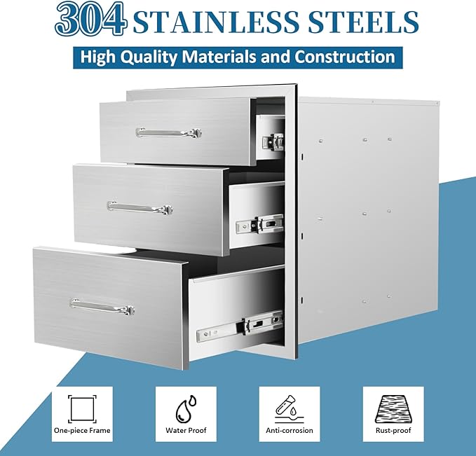 Outdoor Kitchen Drawers 18"Wx21"Hx23"D Flush Mount Access 3-Drawer BBQ Stainless Steel Drawers with Handle for Outdoor Kitchen Island or Grill Station