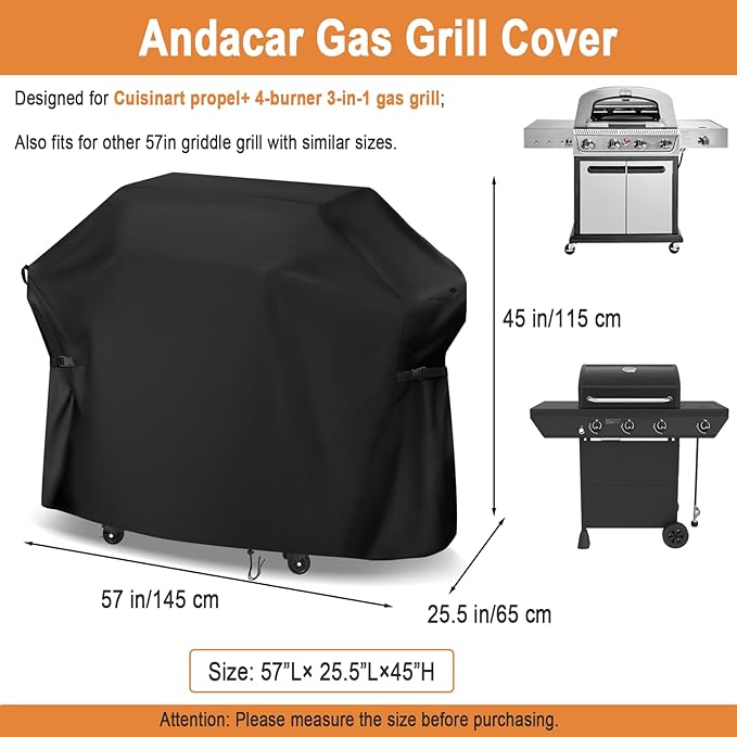 Gas Grill Cover for Cuisinart Propel + 4-Burner 3-in-1 Gas Grill, 57 Inch Outdoor Heavy Duty BBQ Grill Cover - 57" L×25" W×45" H, Black