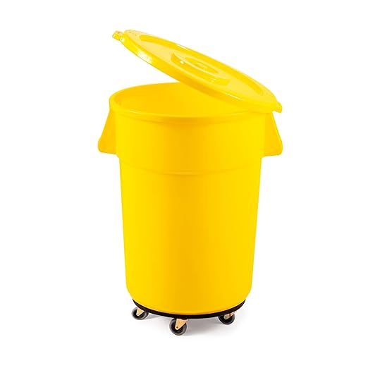PRO&Family Commercial Round Trash Can with Lid and Dolly Rolling Waste Container, Ingredient Bin, Heavy-Duty Plastic, Anti-Static, Kitchen, Office, Outdoor Use (Yellow, 44 Gallon)