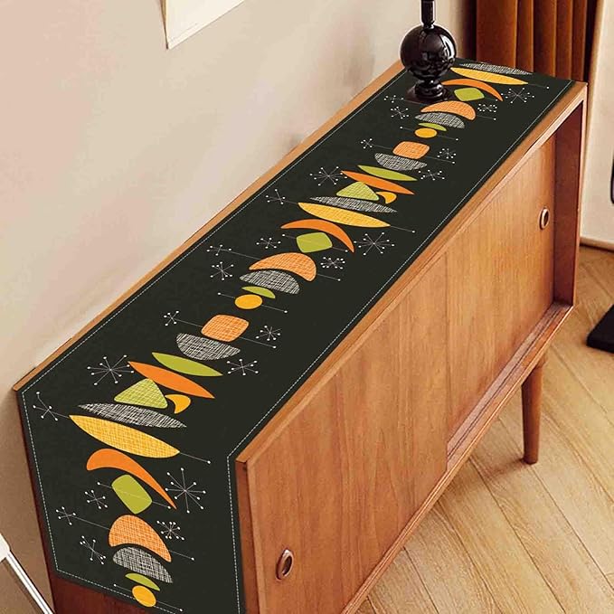 Mid Century Modern Table Runner, Retro 1950s Atomic Modern Abstract Black Orange Coffee Table Center Decor for Home Kitchen Dining Patio Holiday Party Table Decorations, 13"x90" Inch
