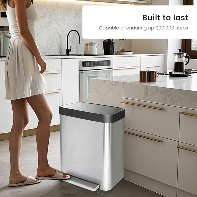 10 Gallon Ktichen Trash Can with Lid, Stainless Steel Trash Can with Removable Inner Bucket, Soft Close Lid, Step-On Pedal Bin for Kitchen, Office, Bathroom