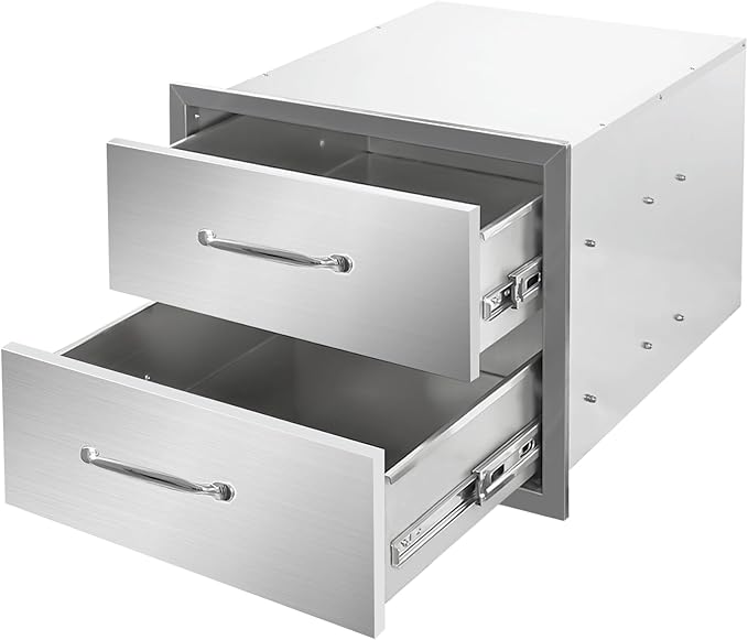 Outdoor Kitchen Drawers 18" W x 15" H x 23" D Stainless Steel Double Drawers with Ergonomic Handle for BBQ Island, Patio Grill Station & Outdoor Kitchen Cabinets