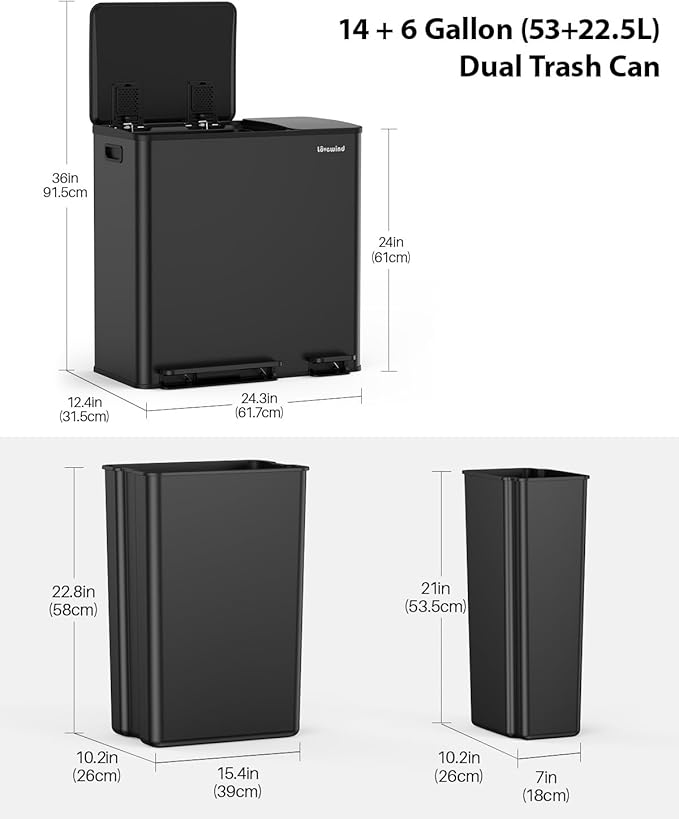 Lovewind Dual Trash Can, 14 + 6 Gallon Garbage Can for Kitchen Dual Compartment Recycling Kitchen Step Trash Bin, Stainless Steel Trash and Recycle Bin Combo with Soft-Close Lid, Black