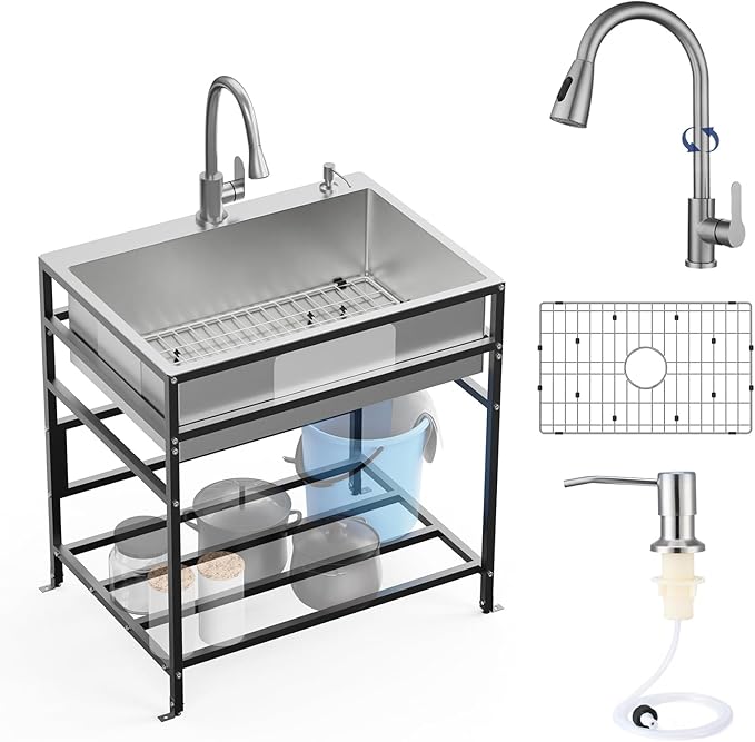30x22 Inch Stainless Steel Utility Sink-Freestanding Laundry Sink Practicality With Accessories Stainless Functional Faucet,Soap Dispenser, SS Sink Grid For Laundry,Garage,Outdoor Kitchen,Garden...