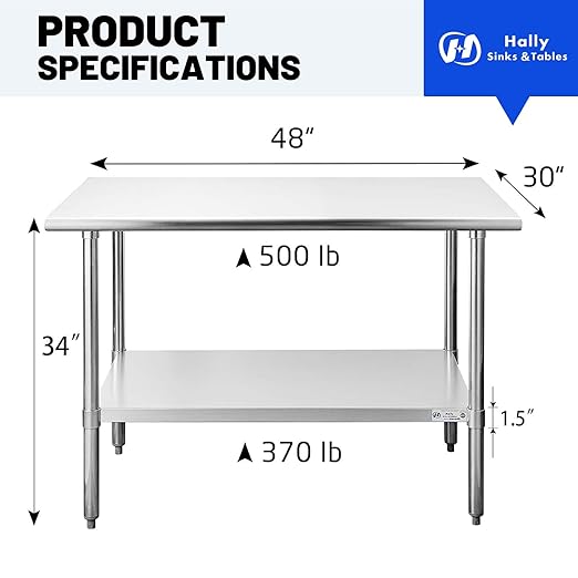 Hally Stainless Steel Table for Prep & Work 30 x 48 Inches, NSF Commercial Heavy Duty Table with Undershelf and Galvanized Legs for Restaurant, Home and Hotel