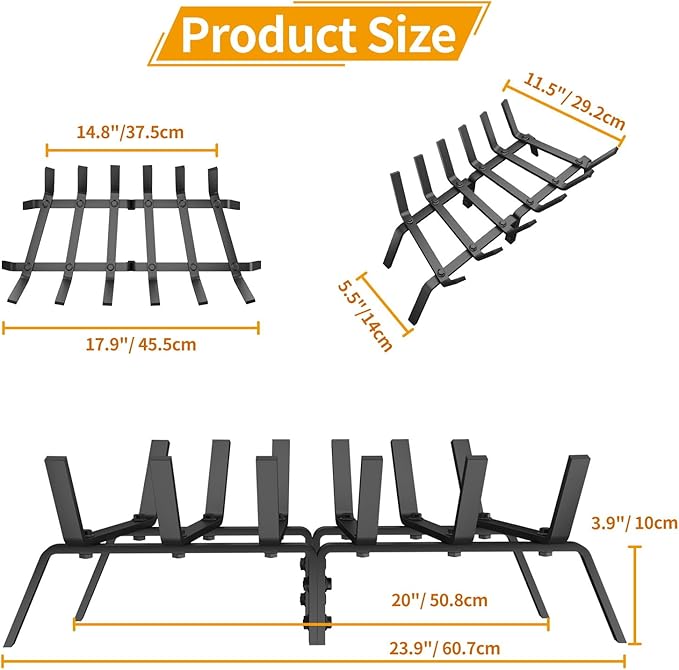 Fireplace Grate, 24 inch Solid Fireplace Log Holder, Heavy Duty Cast Iron Firewood Log Burning Rack Fire Grates for Inside Fireplace Accessories