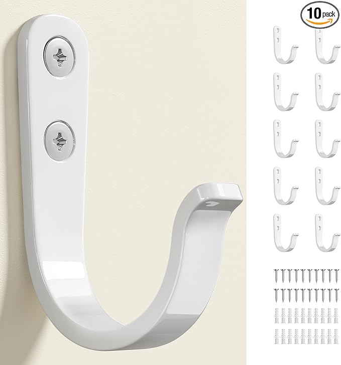 10Pcs Wall Hooks for Bathroom, Kitchen, Closet, and Garage - White Metal Hooks for Hanging Coats, Towels, Hats, Keys, Bags, and Coffee Cups - Holds Up to 40 lbs
