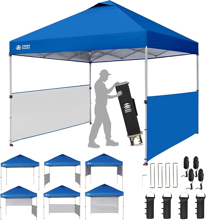 CROWN SHADES Canopy Tent, 10 x 10 Foot Portable Pop Up Outdoor Shelter with 2 Half Sidewalls, 1 Push Center Lock, UV Protection, and Carry Bag, Blue