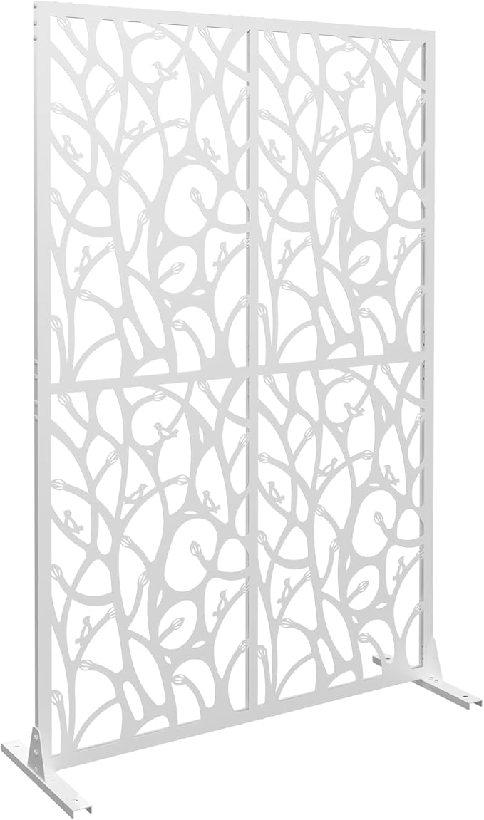 Metal Privacy Screen Room Divider 72" H x 45.3" W, Free Standing Decorative Panel with Bird Design for Indoor Outdoor Use, Black Iron Partition for Patio Balcony Garden (Bird White)