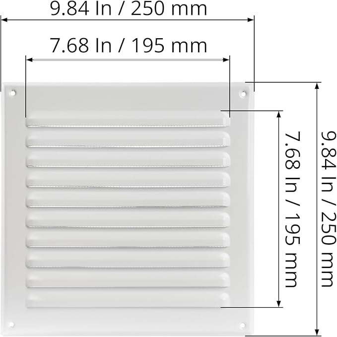Square Ventilation Grille / 8" x 8" Inch Inside Measurement/White Metal Air Vent Louver - Inside/Outside use - / 10" x 10" Inch Outer Measurement