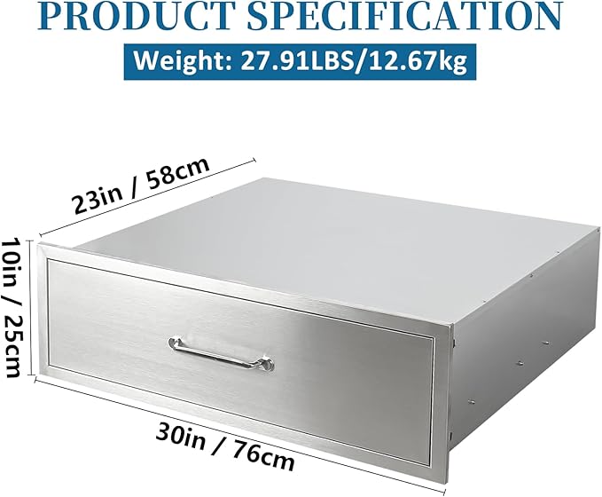 Outdoor Kitchen Drawers 30"Wx10"Hx23"D Flush Mount Access Single Drawer BBQ Stainless Steel Drawers with Handle for Outdoor Kitchen Island or Grill Station