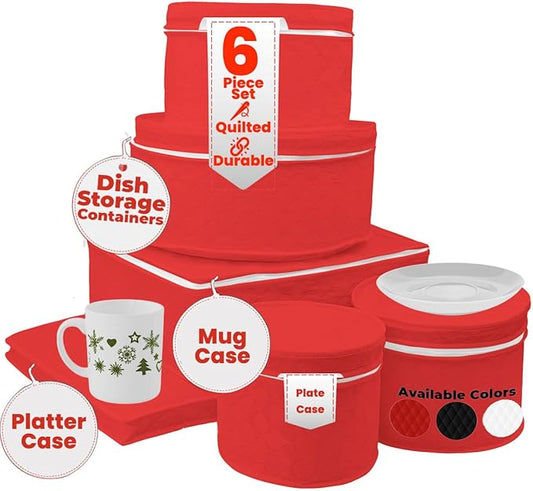 LAMINET 6 Piece Quilted Dinnerware Storage Starter Set - Includes 4 Plate Cases, 1 Cup Case & Platter Case - RED