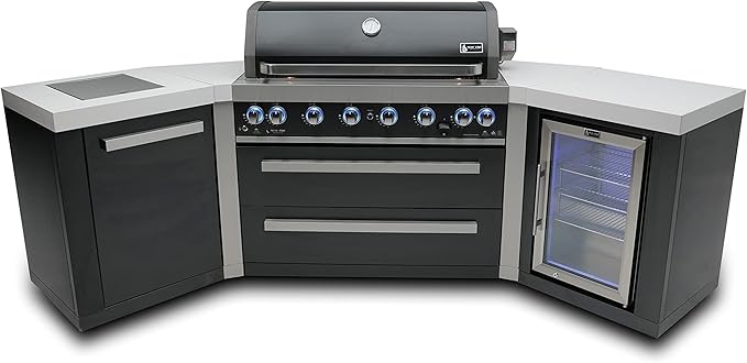 Mont Alpi MAi805-BSS45FC 44-inch 6-Burner 115000 BTU 45 Degree Black Stainless Steel Gas Outdoor Kitchen Bar Island Grill w/Fridge Cabinet + Infrared Side & Rear Burner