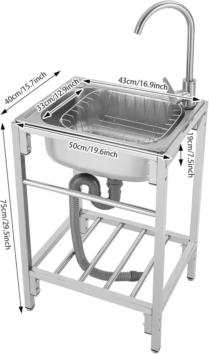 Stainless Steel Utility Sink Single Bowl Freestanding Laundry Sink with Rotating Faucet Portable Outdoor Single Basin Prep Sink Commercial Restaurant Sink for Kitchen