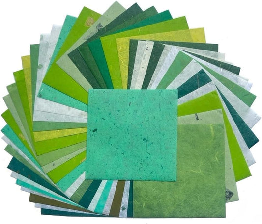 50 Sheets 6 x 6 Inches Natural Fiber Mulberry paper Sheets Square Origami Paper Arts Folding Craft, Decoration Paper, Square Folding Paper for DIY Crafts (Mixed Green Rice Straw etc.,,, 6 x 6)